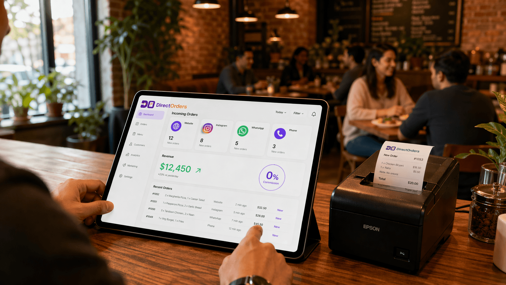 Restaurant owner using the DirectOrders dashboard - unified orders, zero commission, calm control