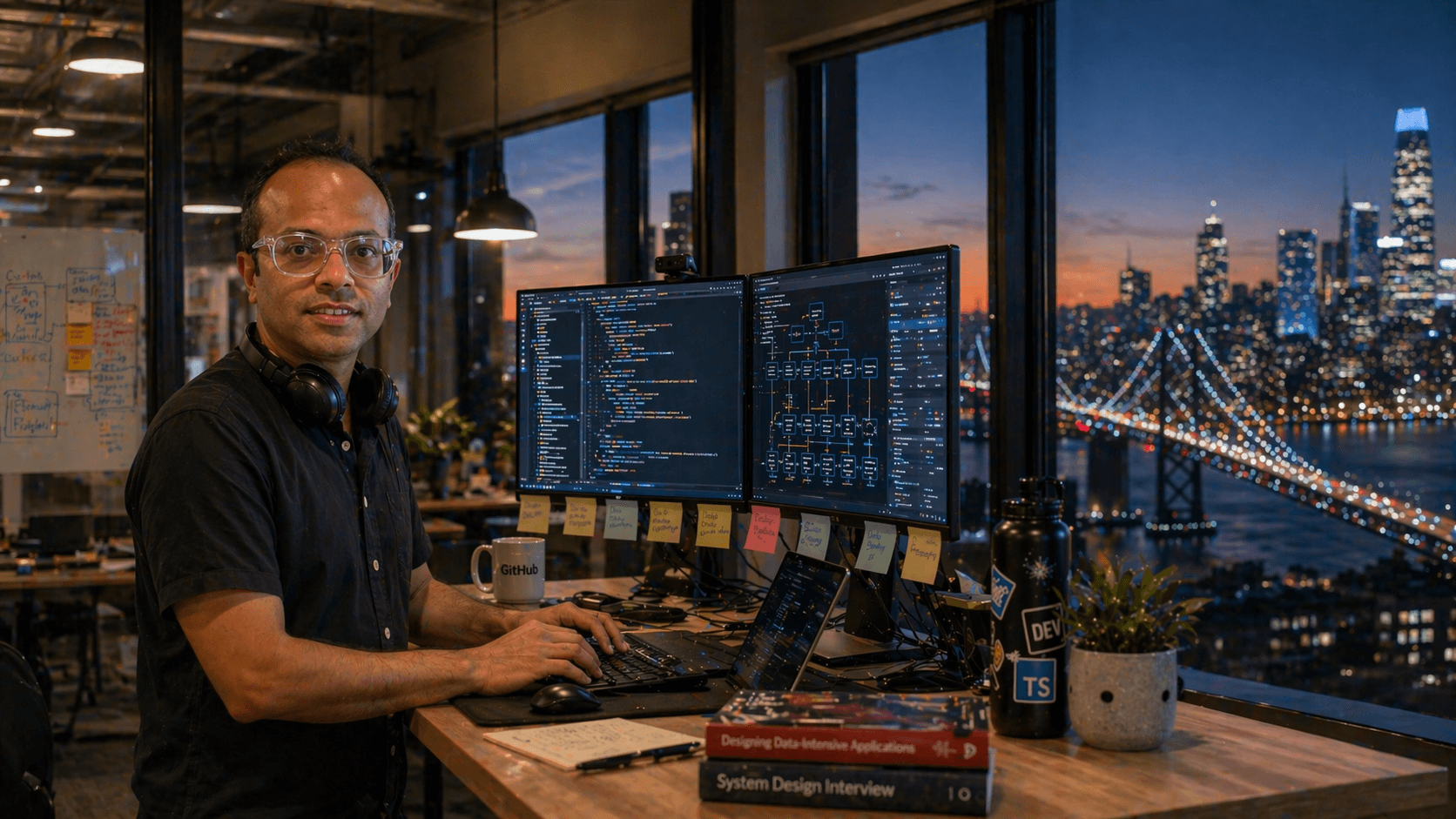 Software engineer working late in a modern Silicon Valley office with Bay Area skyline visible