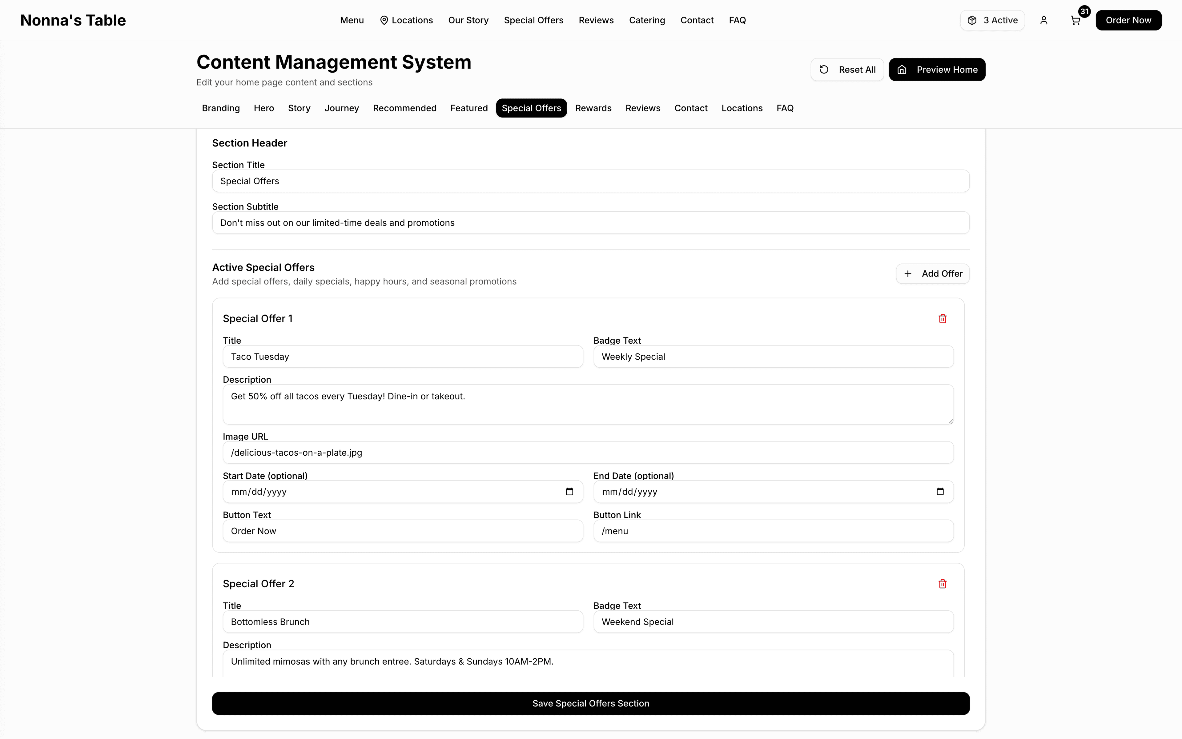 Restaurant dashboard showing special offers management