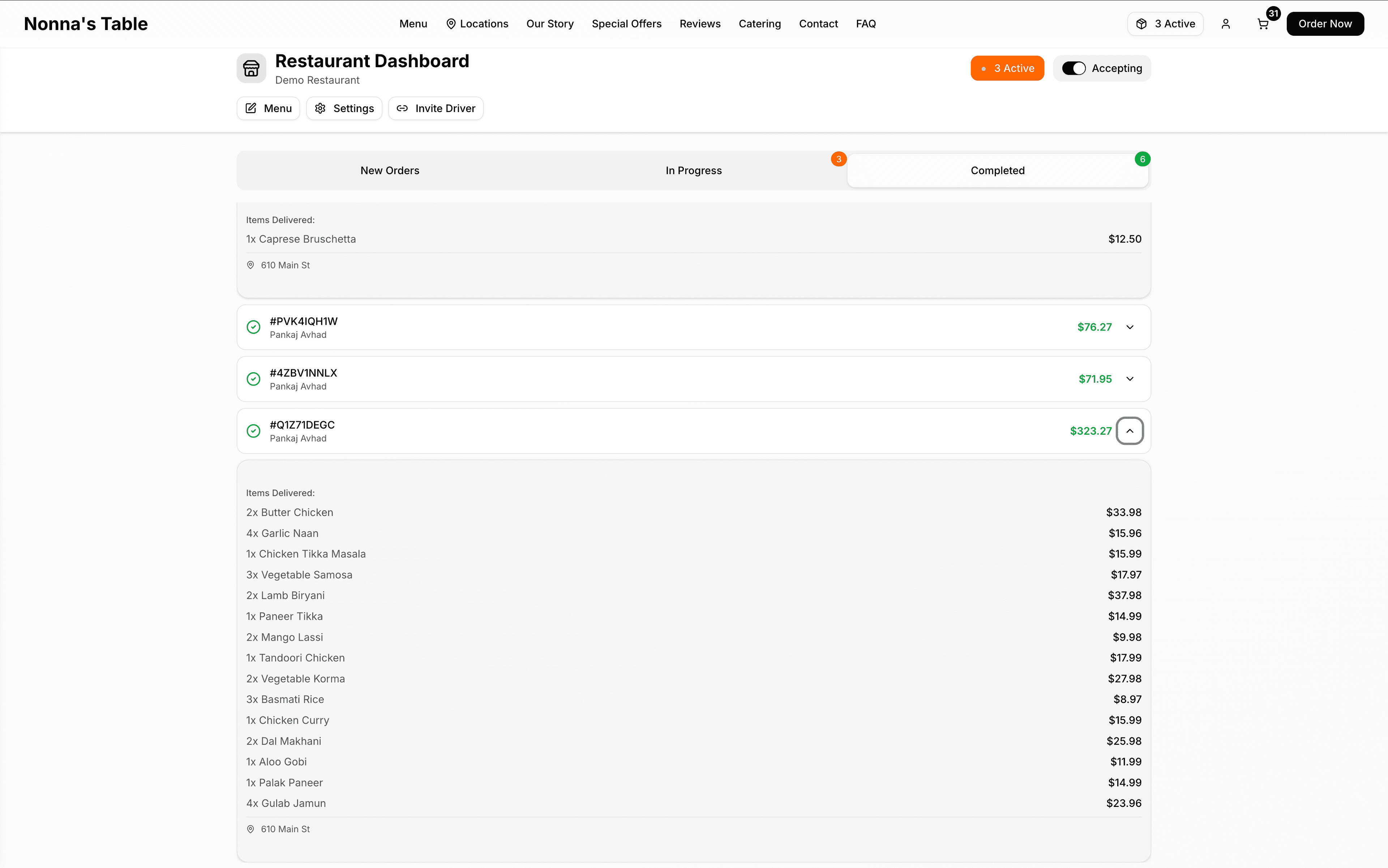 Kitchen dashboard showing new orders, in-progress orders, and completed orders in columns