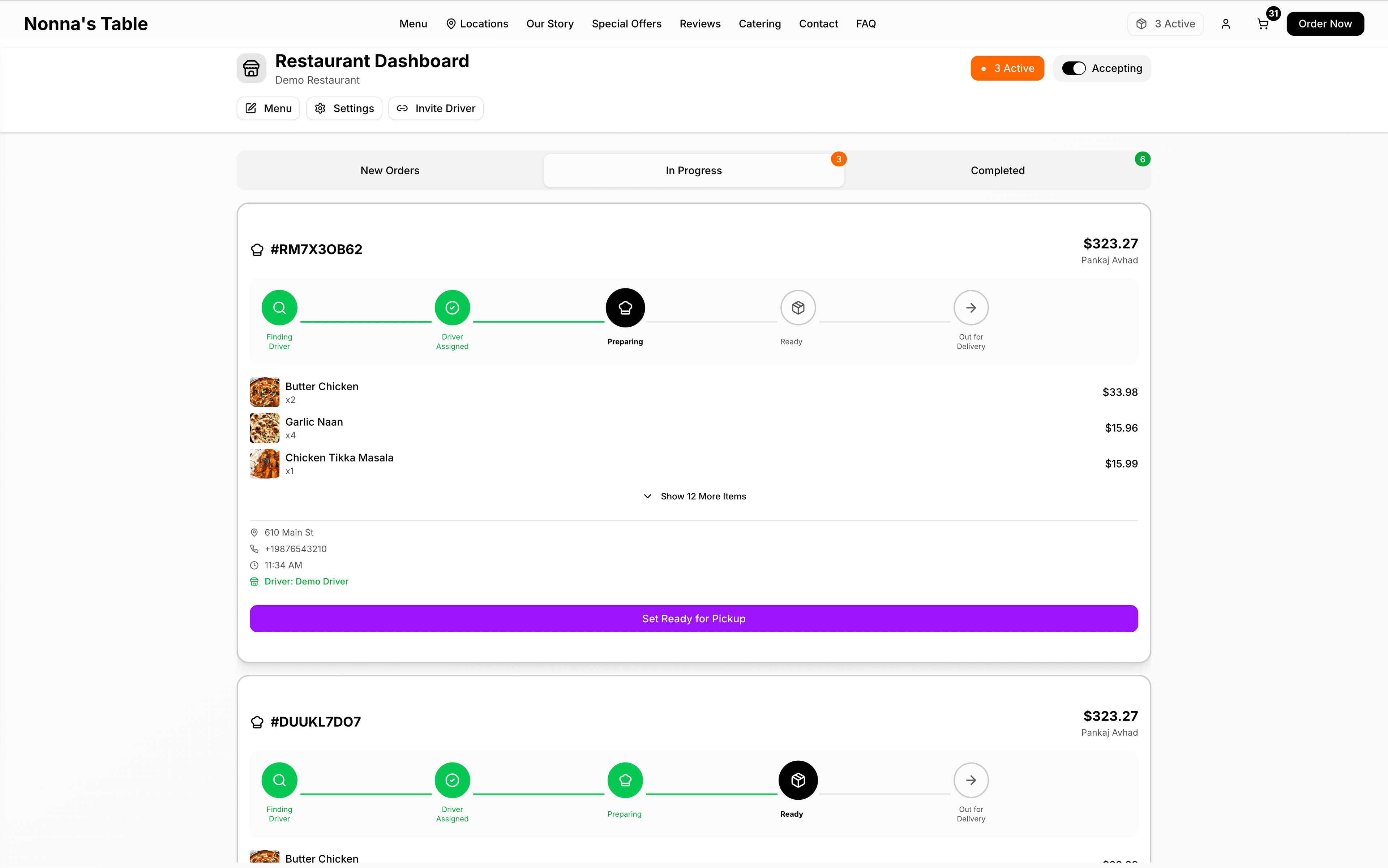 Restaurant order management dashboard showing order status columns