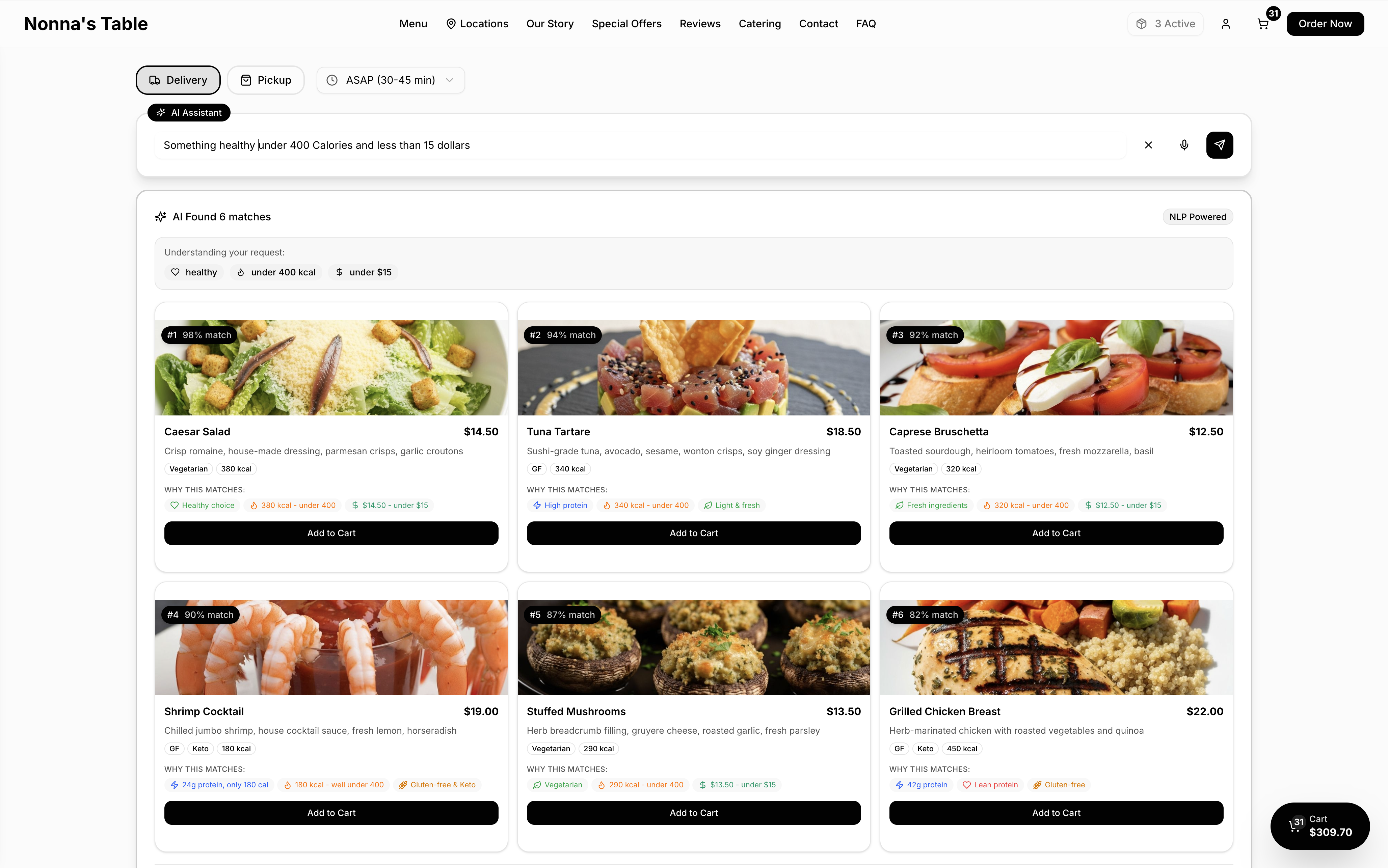 AI-powered menu search results on a restaurant website showing natural language query results