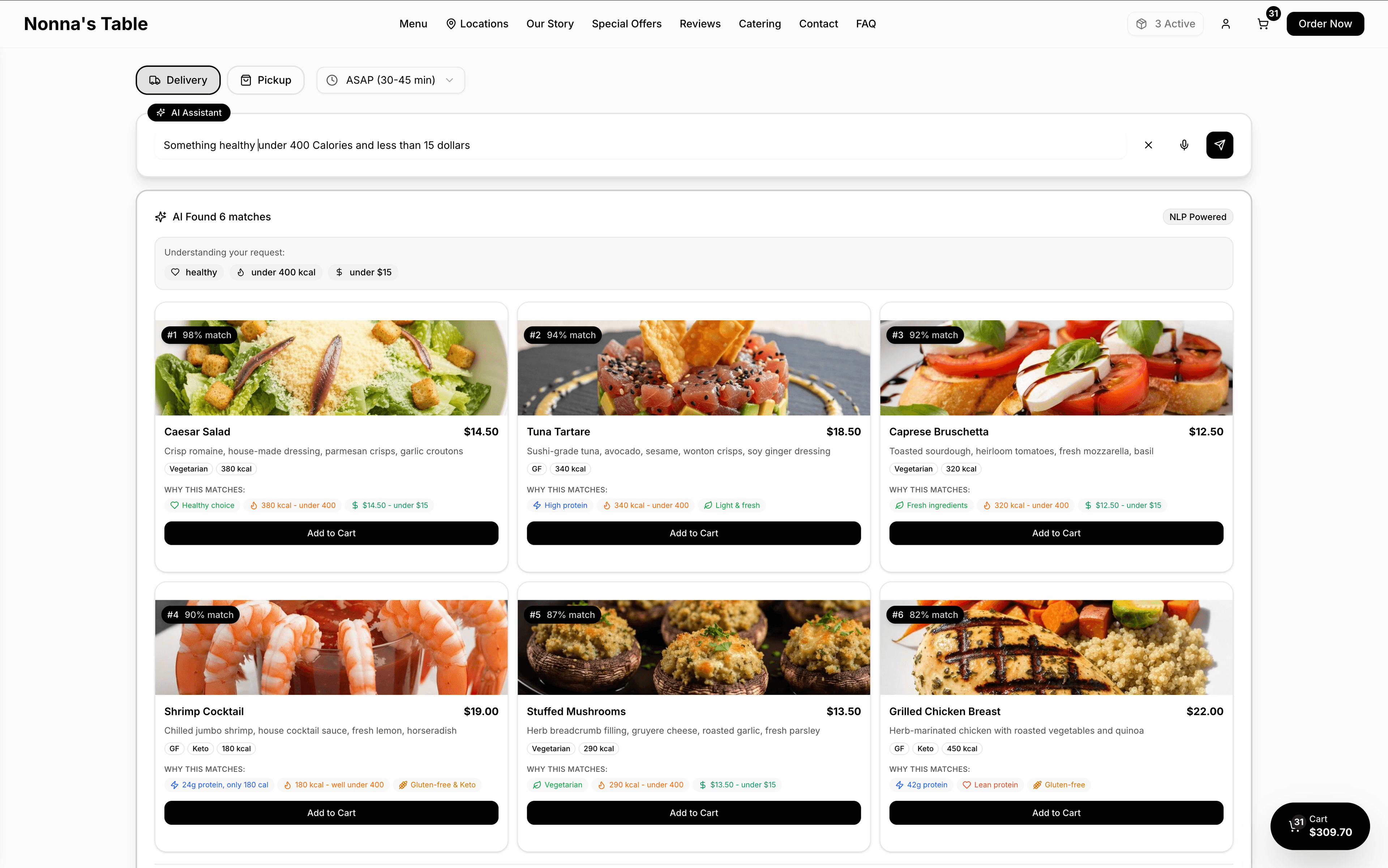 AI-powered menu search results on a restaurant website showing natural language query results