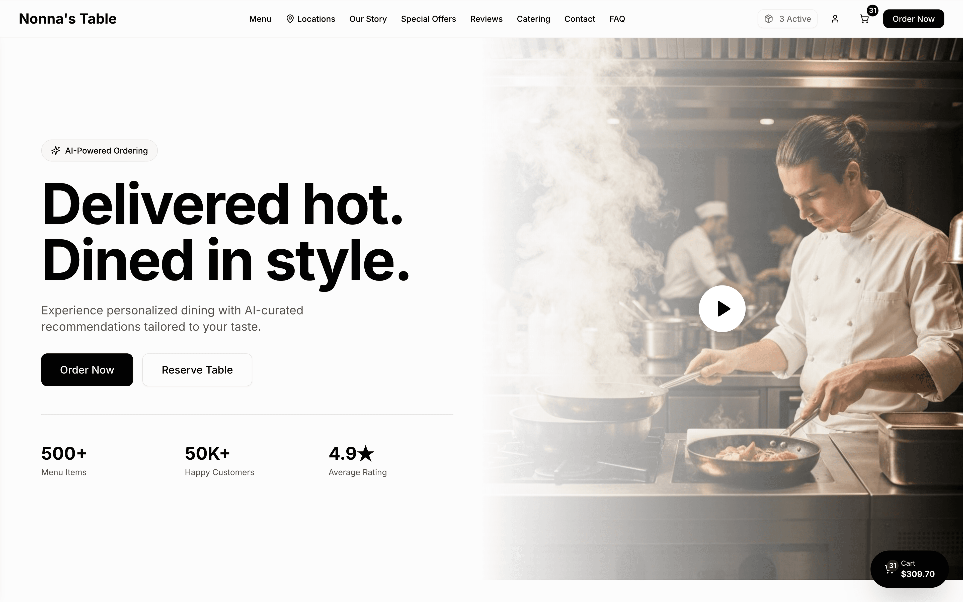 Restaurant website homepage with branded hero, navigation, online ordering, and customer stats
