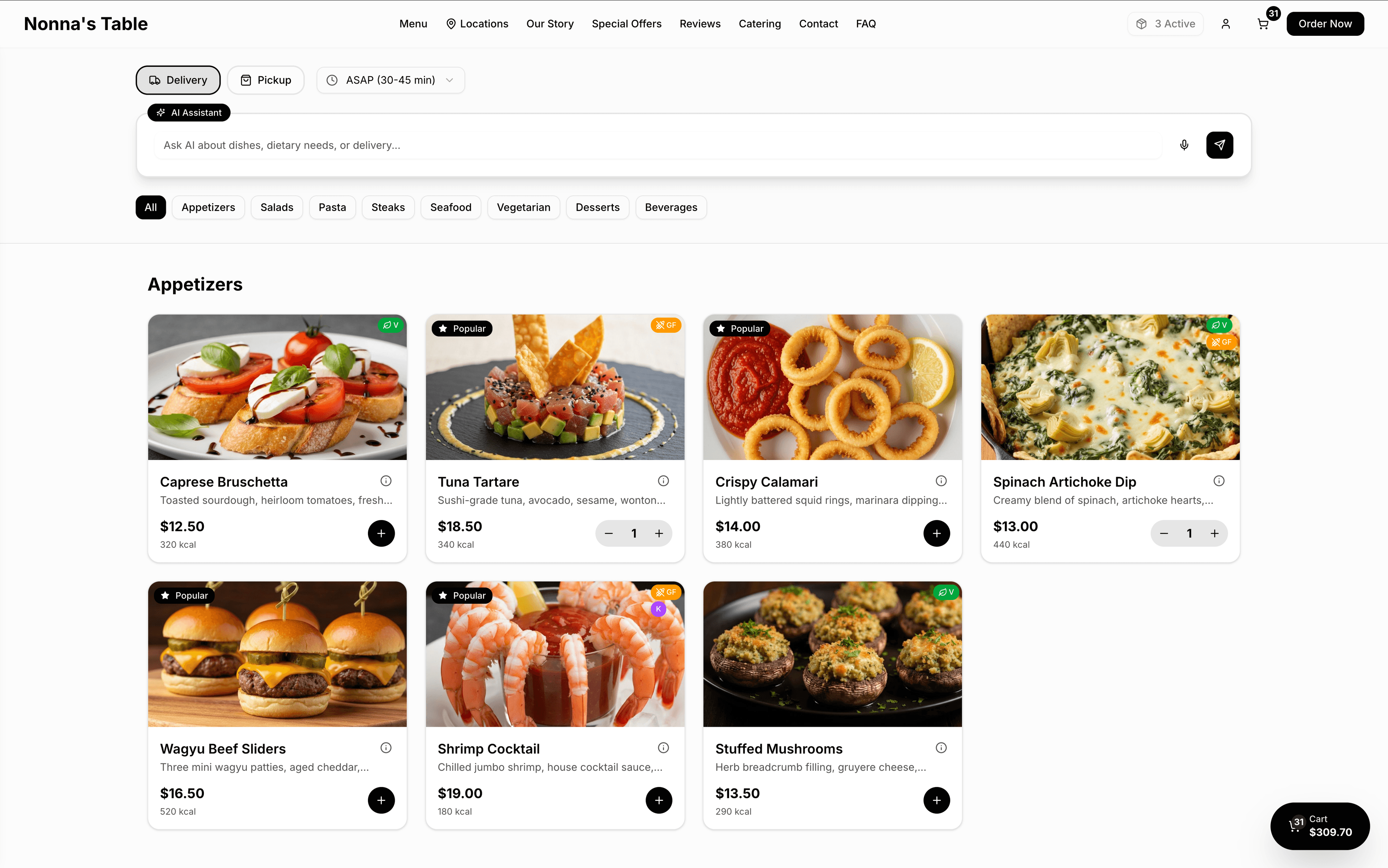 Desktop menu with food grid, categories, and AI search