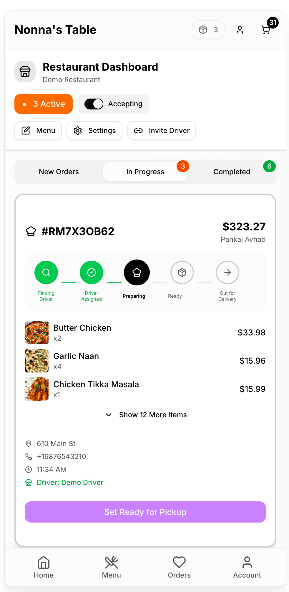 Restaurant order management dashboard