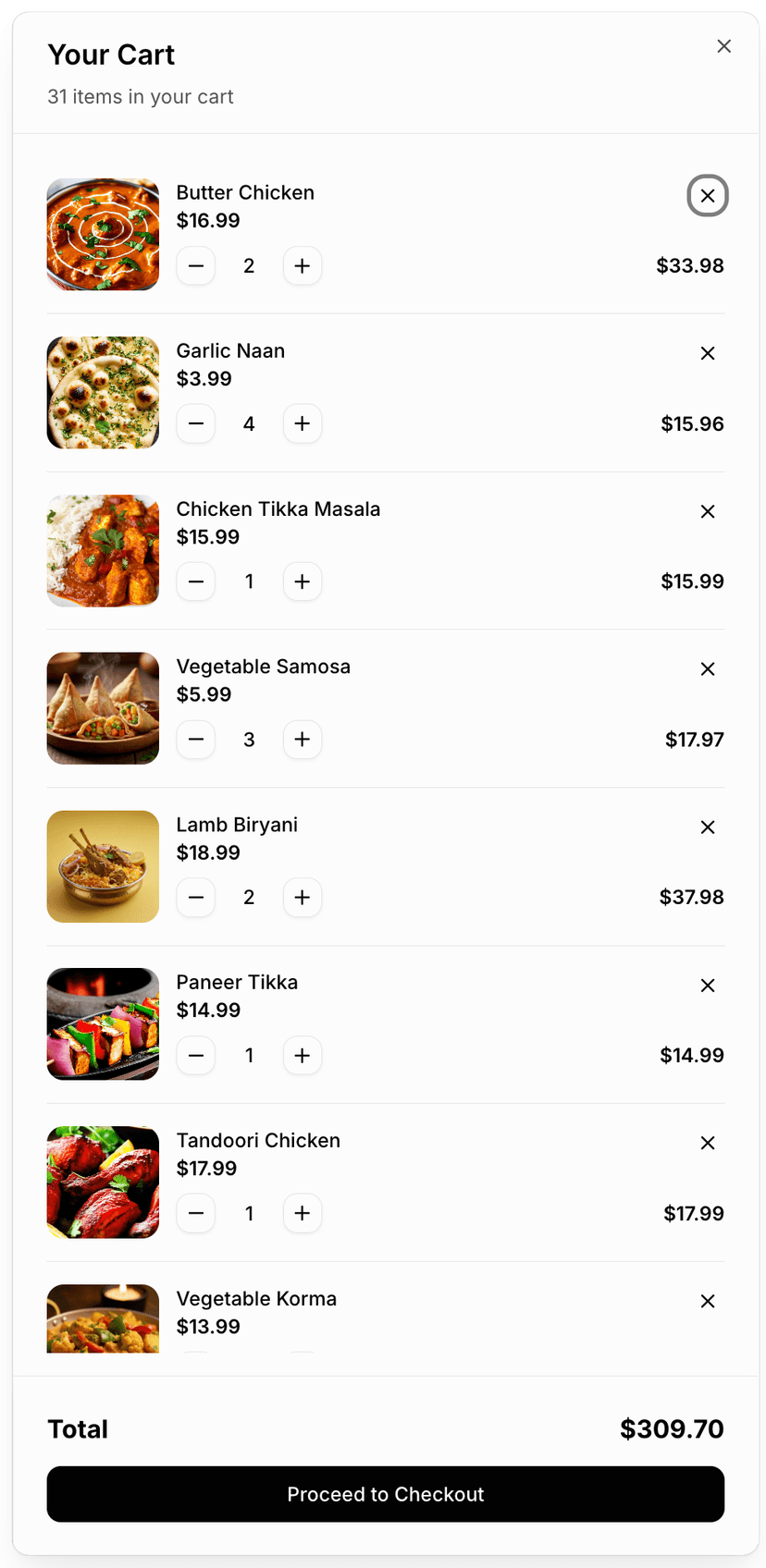 Order flow Cart screen