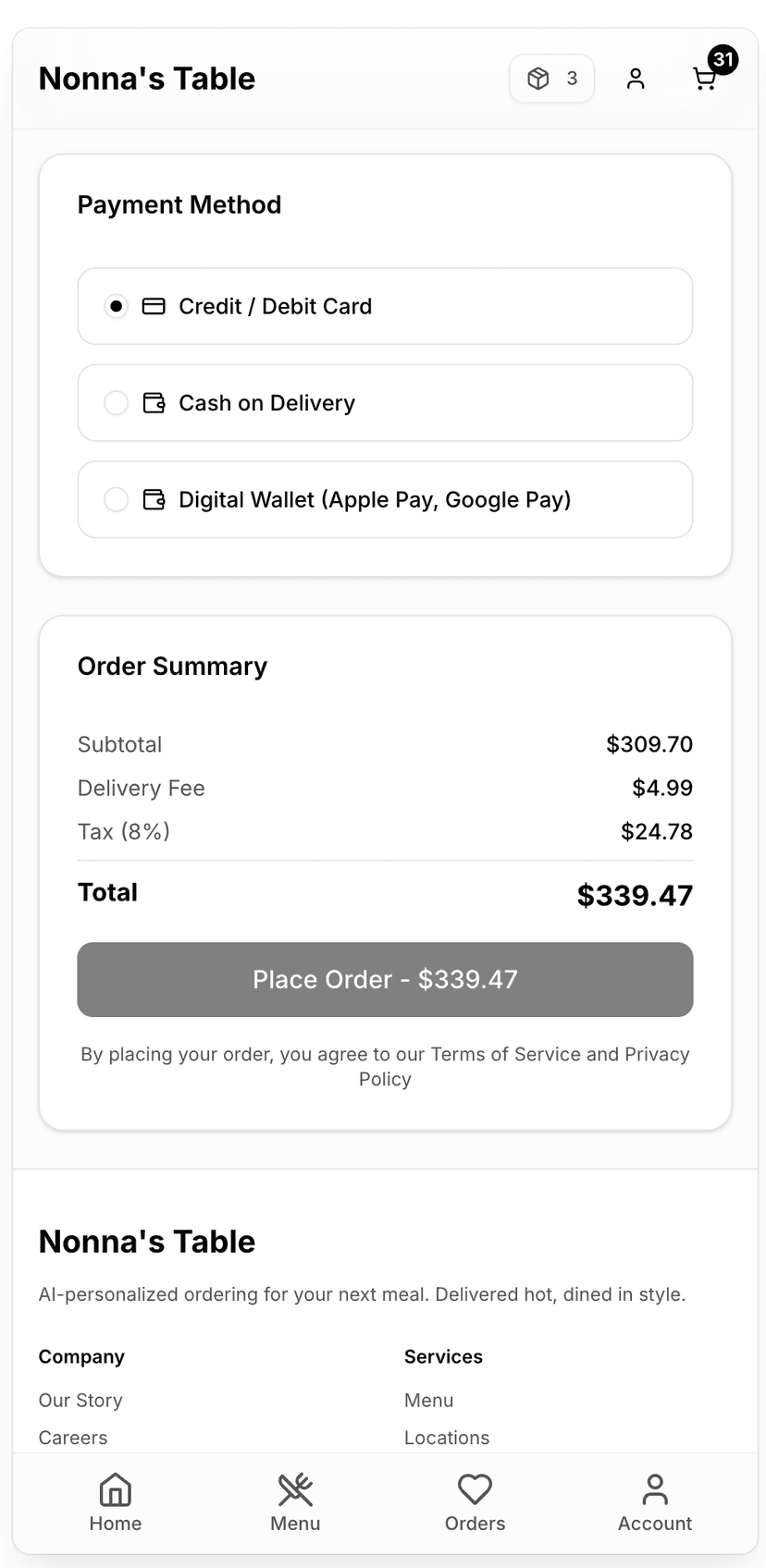 Order flow Pay screen