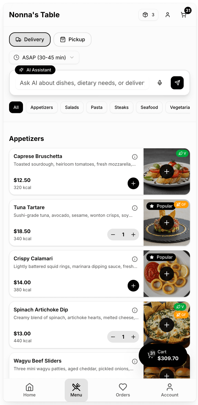Mobile menu with categories and add-to-cart