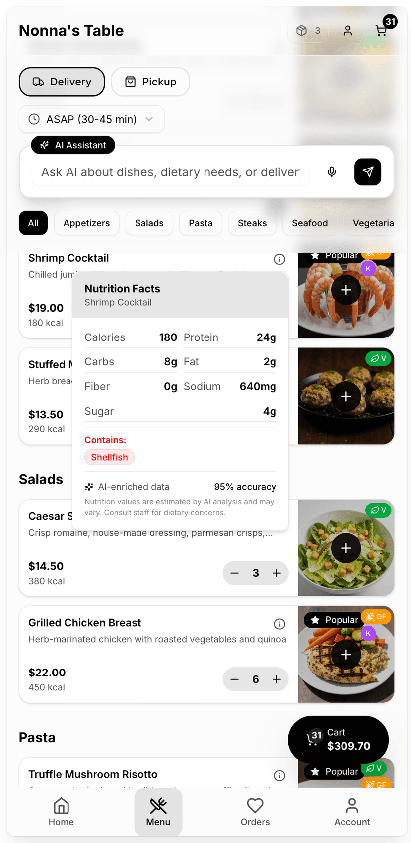 Nutrition facts displayed on a restaurant menu item on mobile, with the chef-locked badge highlighted