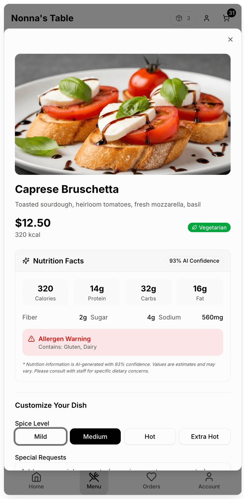 Restaurant website Order page on mobile