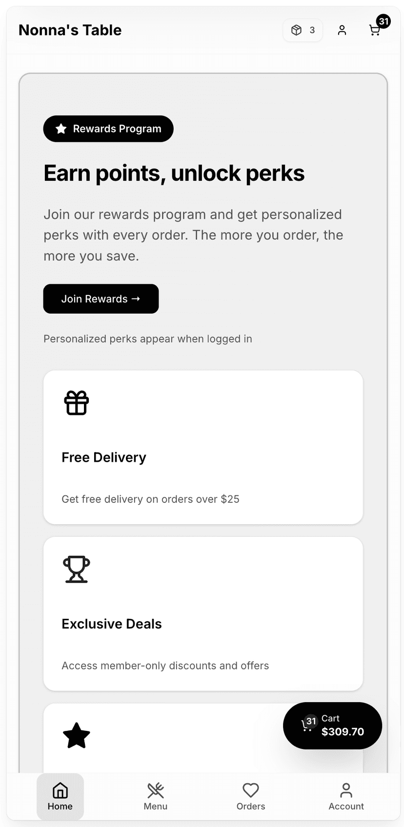 Customer view of loyalty rewards program on mobile