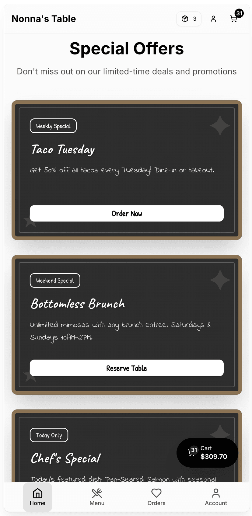 Customer view of special offers on mobile storefront