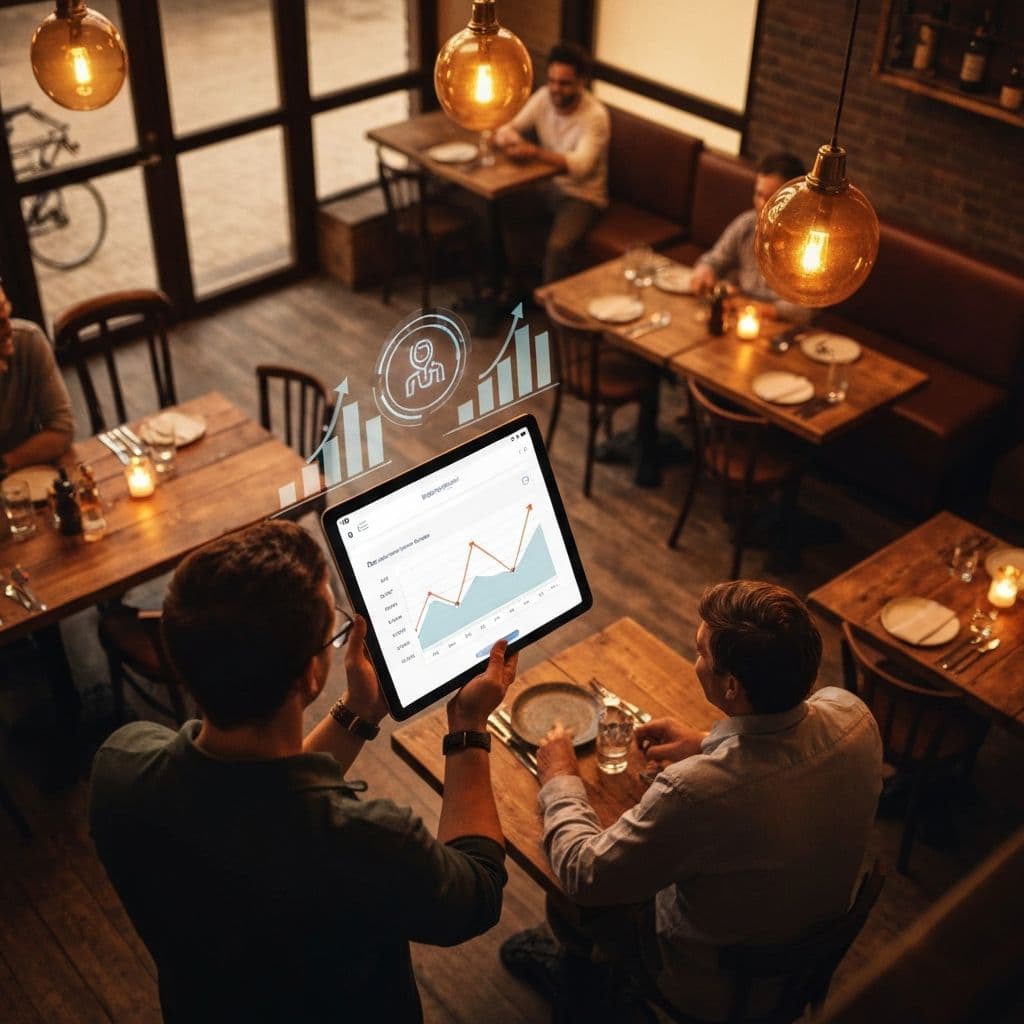 Restaurant owner reviewing a sales chart on a tablet in the dining room