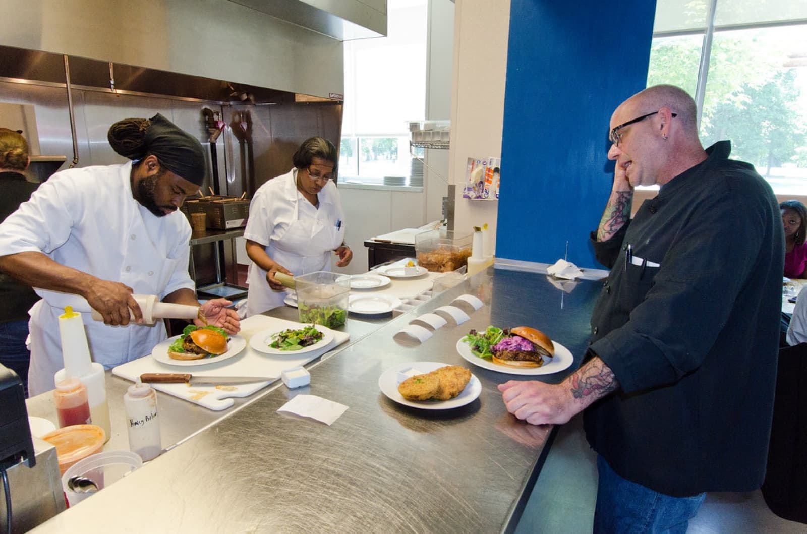The kitchen line working through orders