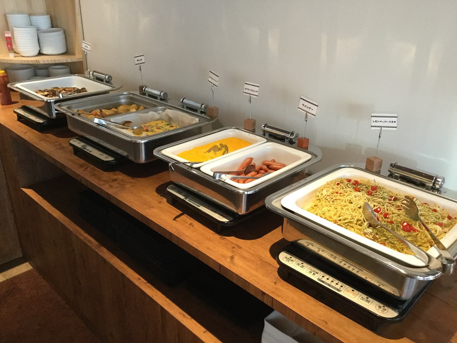 A catered buffet line set up for an event