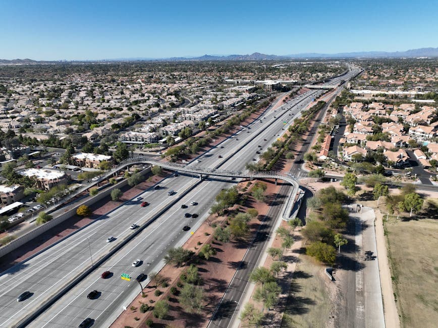 Chandler, Arizona at dusk with Intel Ocotillo campus buildings in the distance and the downtown historic district in the foreground