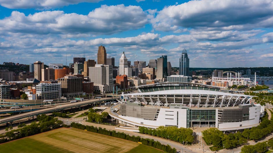 Cincinnati skyline above the Ohio River with the Roebling Bridge in the foreground