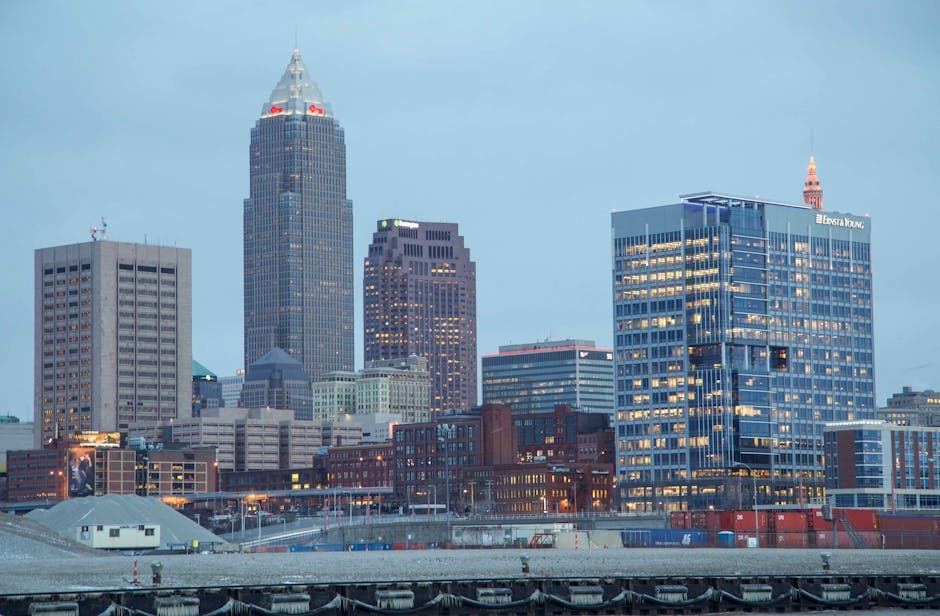 Cleveland lakefront with the downtown skyline, Rock and Roll Hall of Fame, and Lake Erie