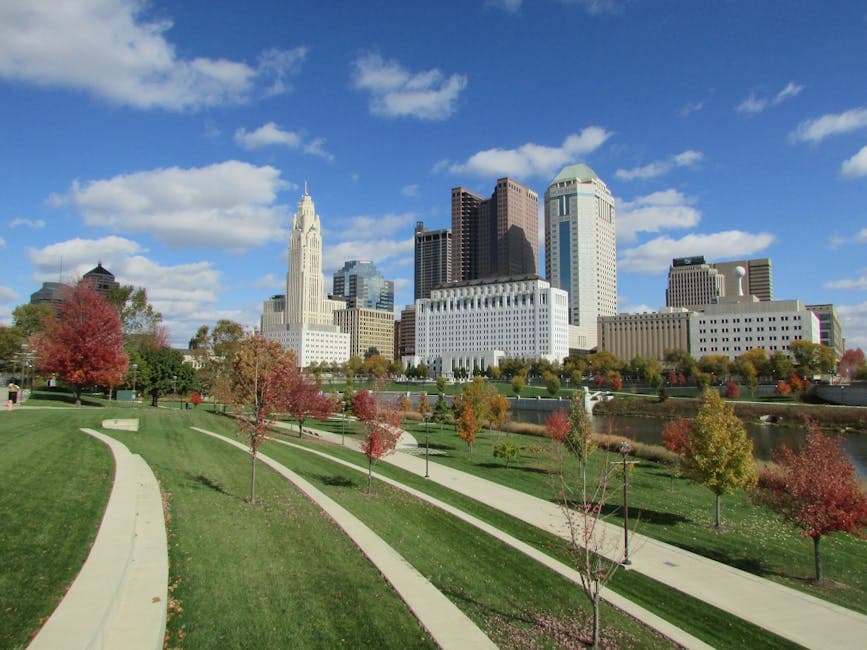 Columbus, Ohio skyline with the Scioto River and downtown towers visible