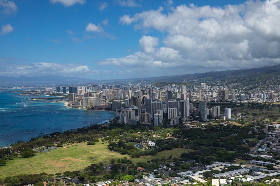 Honolulu skyline with Diamond Head and Waikiki Beach along Oahu's south shore