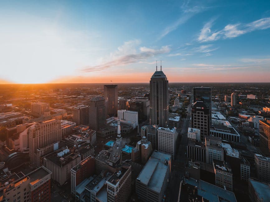 Indianapolis skyline at dusk with Monument Circle and the downtown towers
