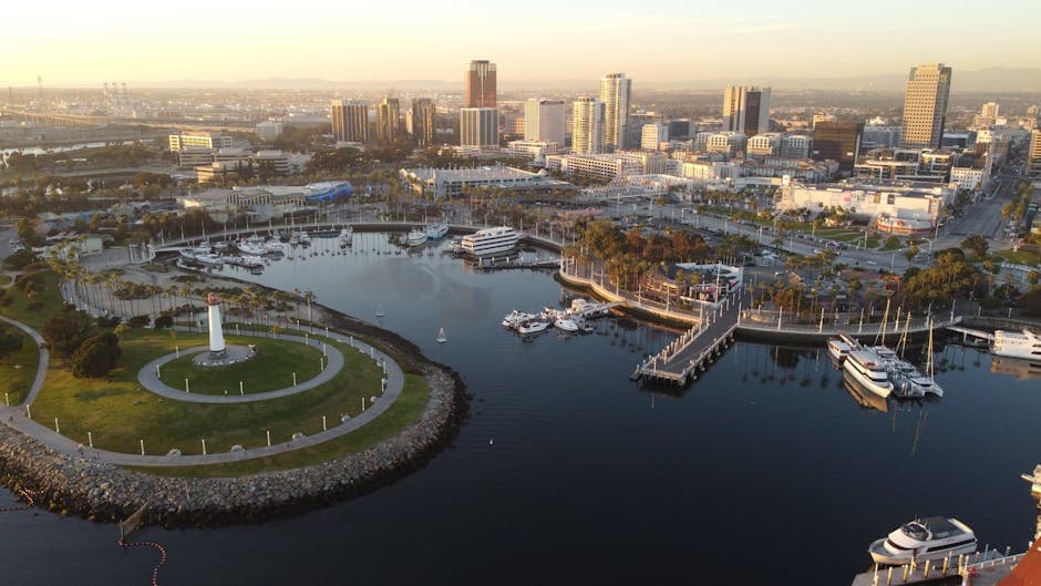 Long Beach harbor and skyline with the Queen Mary