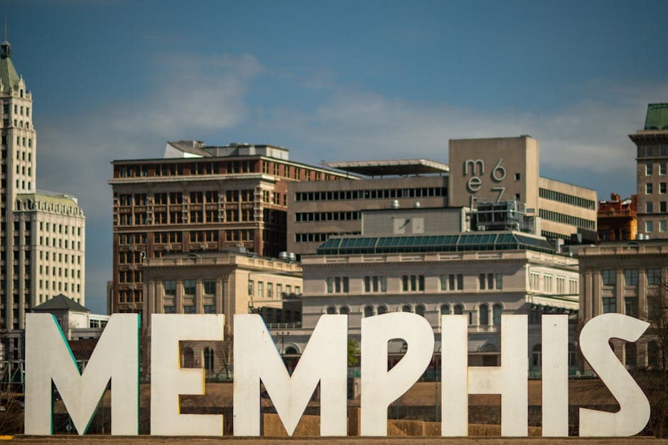 Memphis skyline along the Mississippi River, Beale Street neon and the Hernando de Soto bridge