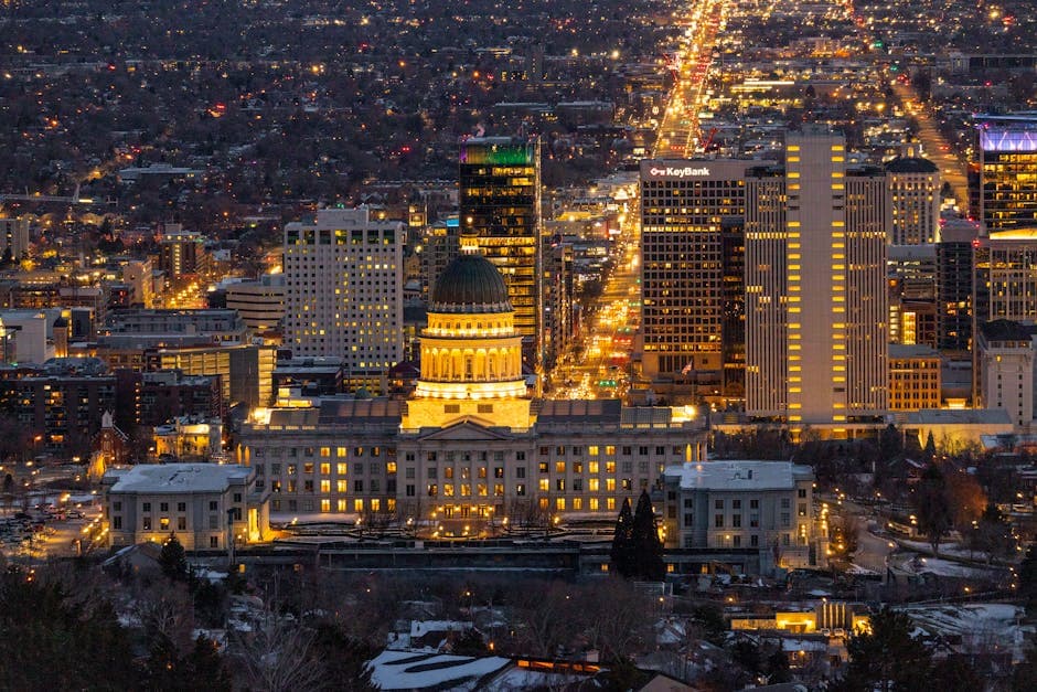Historic 25th Street in Ogden, Utah looking east toward the Wasatch Front and the Ogden LDS Temple
