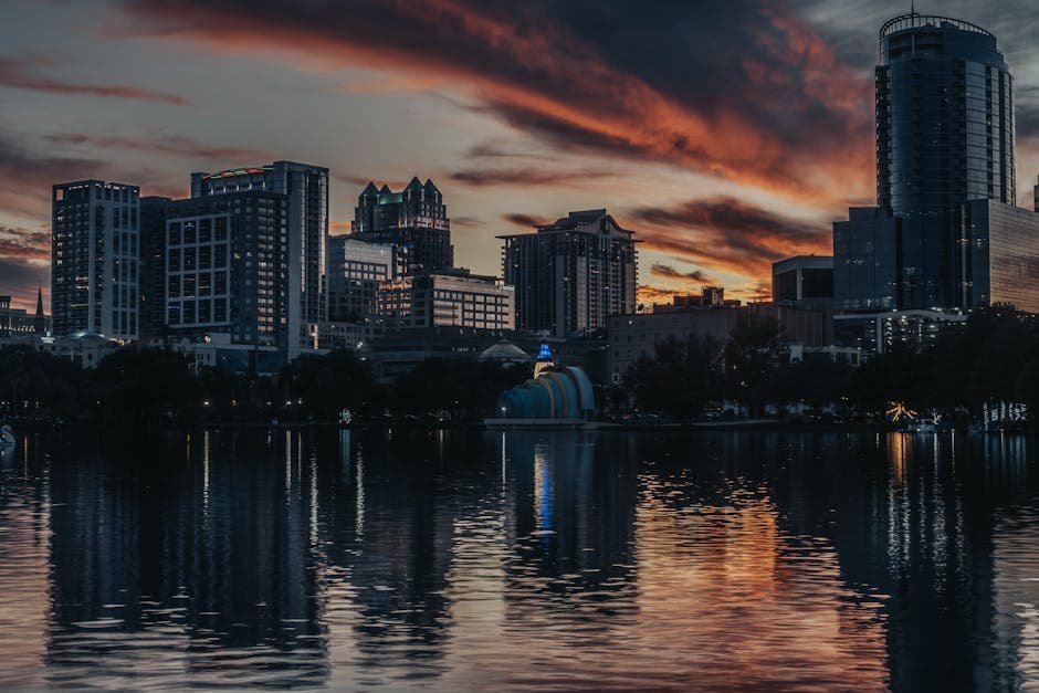 Orlando skyline at dusk with palm silhouettes