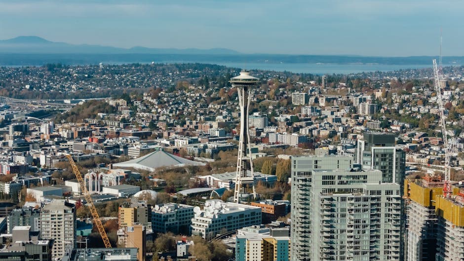 Seattle skyline with the Space Needle and overcast Puget Sound sky