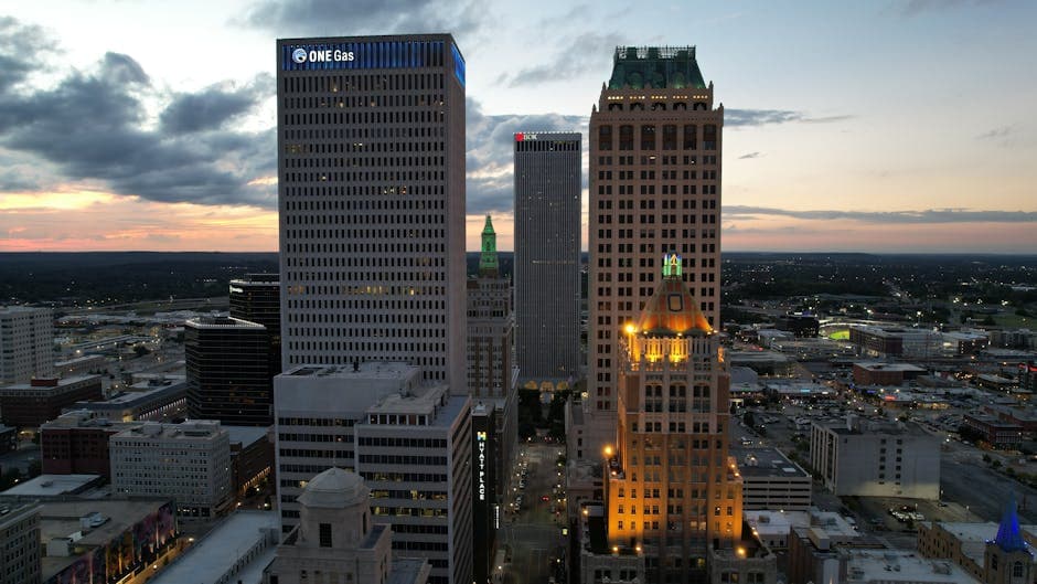 Tulsa, Oklahoma skyline with the BOK Tower, Mid-Continent Tower, and the Art Deco downtown skyline at dusk